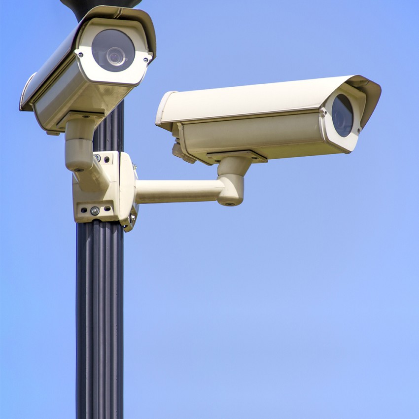 Pole-mounted CCTV cameras of the class served by fiber backbone transmission