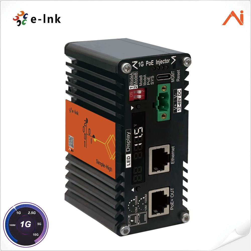 PoE-инжектор E-Linkchina 1G со светодиодным дисплеем, портом управления и клеммами входного питания постоянного тока 12-48V