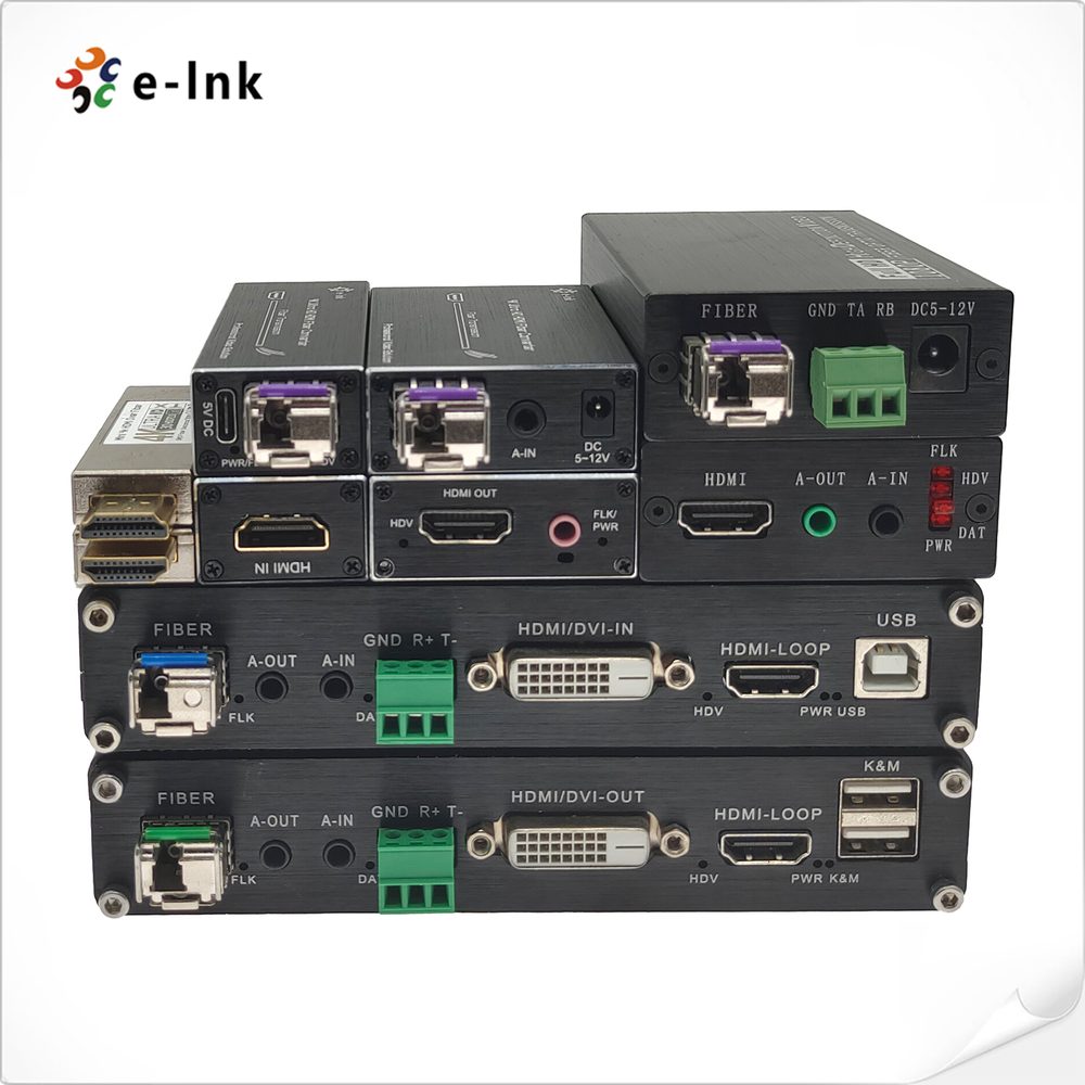 E-Linkchina KVM fiber extender units with HDMI and DVI video, USB ports for keyboard and mouse, audio and loop outputs